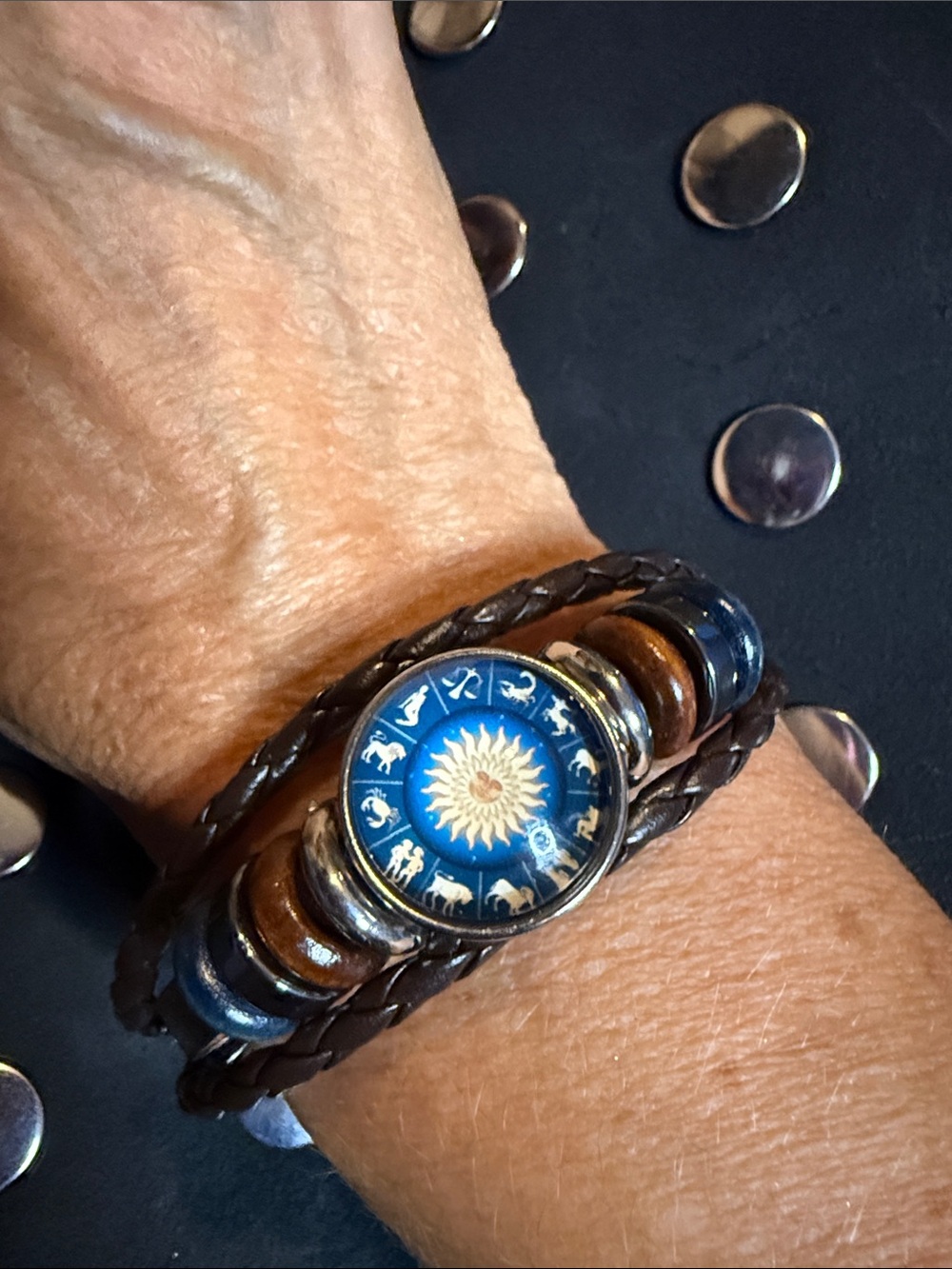 Snap Blue Sun & Zodiac Multistrand Leather Bracelet